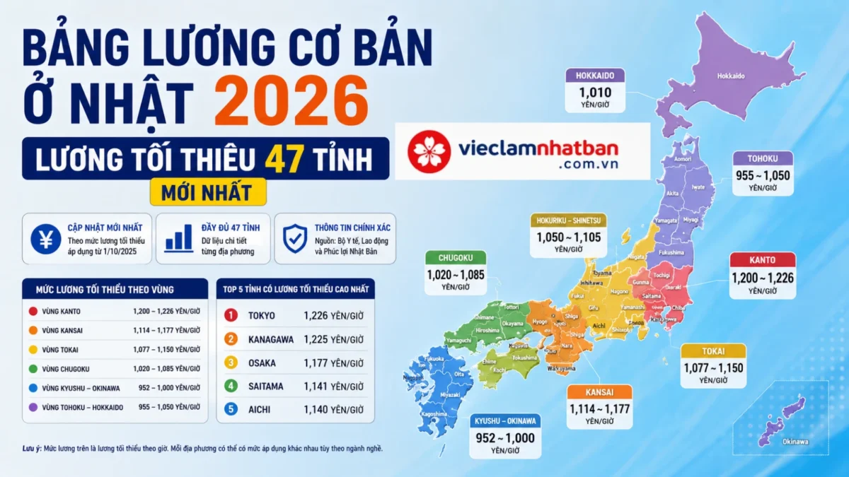 Lương cơ bản ở Nhật 2026: Bảng lương tối thiểu 47 tỉnh và cách tính thu nhập thực tế